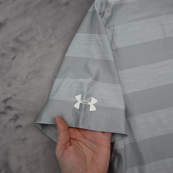 Under Armour Shirt Mens L Gray Stripe Chest Button Short Sleeve Collared Top - Picture 9 of 16